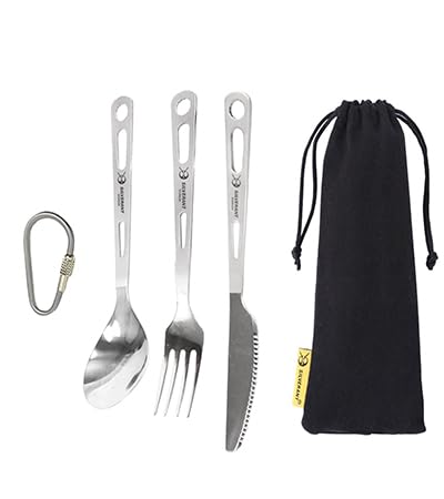 SILVERANT Titanium Cutlery Set, Lightweight Camping Utensils Combo Including Resuable Knife Fork Spoon for Travel & Home Office Flatware Set (213-Polished)