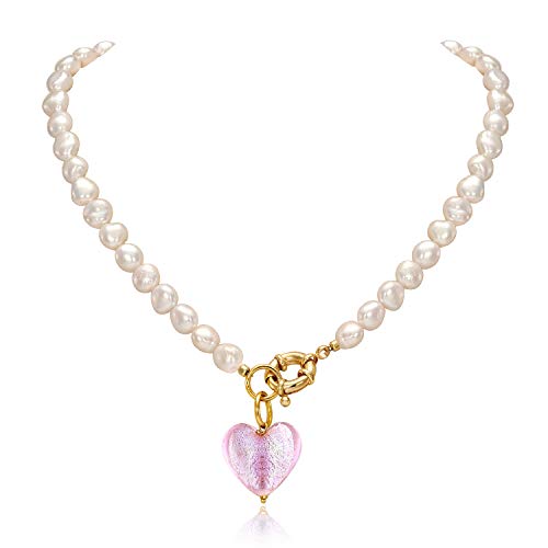 YorzAhar Love Heart Pendant Necklace, Heart of The Ocean Necklace Handpicked Pearl 7-8.5mm Pearls Strand Necklace for Mom,Wife, Romantic Valentine Gifts