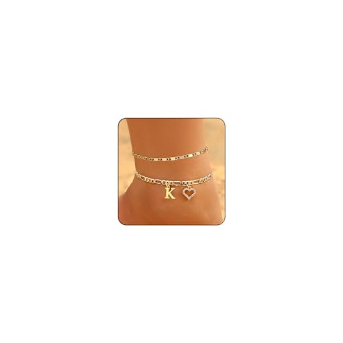 Initial Ankle Bracelets for Women Waterproof 14K Gold Plated Dainty Layered Figaro Chain Letter Initial CZ Heart Ankle Bracelets Set Summer Beach Jewelry for Women