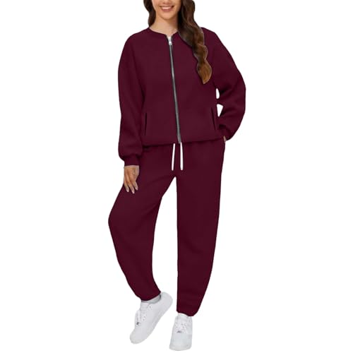 Richymfa Conjunto de mujer elegante completo de algodón de dos piezas sudadera con capucha pantalones cómodos completo senderismo manga larga traje tallas grandes para fitness yoga, Vino, XL