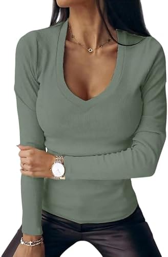 Chicrise Langarmshirt Damen V Ausschnitt Pullover Langarm Basic Eng Ribbed | V-Ausschnitt,Ribbed,Elegant,Langarm,Basic,Oberteile,Slim Fit,Einfarbig,longsleeve,Strick,Herbst,Winter,