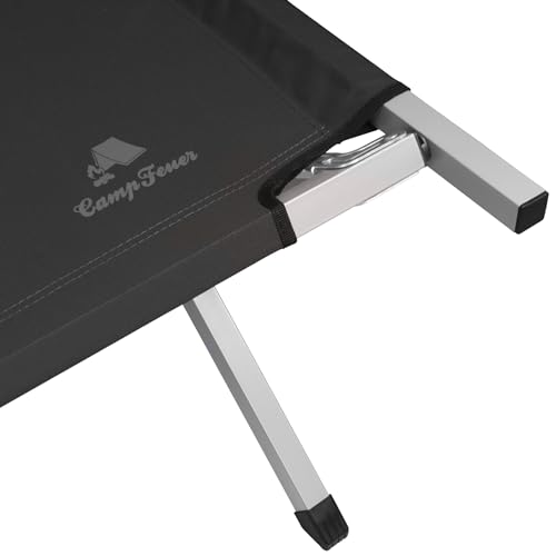 CampFeuer Feldbett | Schwarz | Belastbar bis 200kg | 210 x 82,5 x 45 cm | Campingliege, Sonnenliege, stabile Feldliege, Gartenliege mit Tragetasche, Angelliege, Strandliege, Klappliege, Outdoorliege