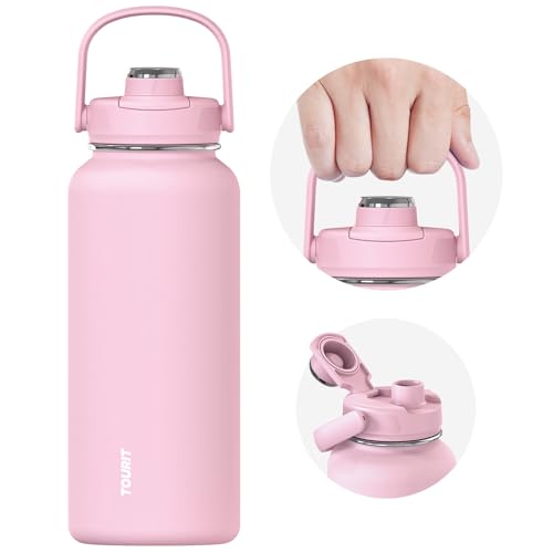 TOURIT 32 oz Insulated Water Bottle Stainless Steel Sports Water Bottles With Top Handle Double-Wall Travel Thermal Water Flask BPA Free Leakproof Water Bottle for Sports and Travel Pink