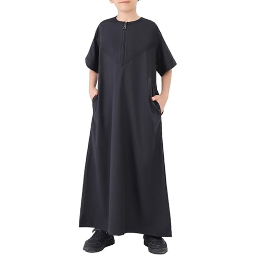 Boy's Muslim Thobe Short Sleeve Arabic Thobe Ramadan Outfit Kid Solid Color Islamic Thobe Crew Collar Prayer Clothes2