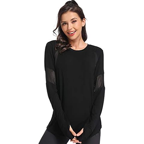 Muzniuer Women's Long Sleeve Yoga Workout Shirt - Breathable Activewear with Thumb Hole (Black, S) Cover