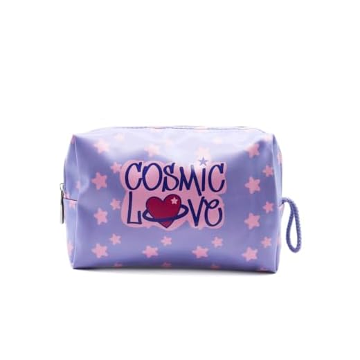 PONETTE - Neceser Vuelta al Cole Infantil con Tejido Metalizado en Color Violeta, Asa con Cordón, Estrellas y Texto Cosmic Love, Niño, Niña, Juvenil, Marca Española