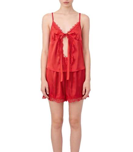 Image of ROAONOCOMO Women Lace Trim Pj Shorts Set Square Neck Coquette Tank Top Silk Satin Pajama Set Babydoll 2 Piece Shorts Outfit