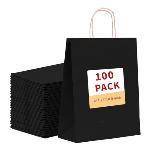 vanhel Gift Bags with Handles - 8x4.25x10.5 Inches, 100 Pcs Party & Shopping Bags - Kraft Paper, Black - Bulk Retail, Wedding,Party, Sacks Recyclable
