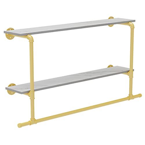 unho Kleiderstange zur Wandmontage, Wandgarderobe mit 2 Ablage im Industrierohrstil, Wandgarderoben für Schlafzimmer Wohnzimmer, Gold
