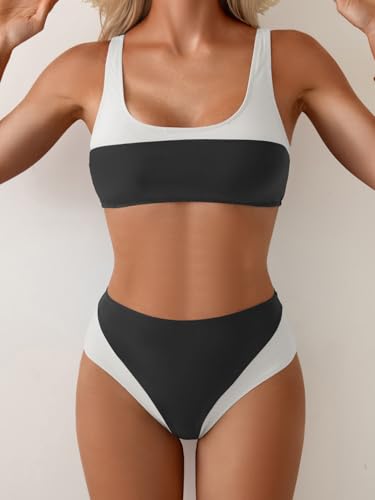 B2prity Women's Bikini Set Two Piece Swimsuit Color Block Slimming Bathing Suit High Waisted Scoop Neck Swimwear3