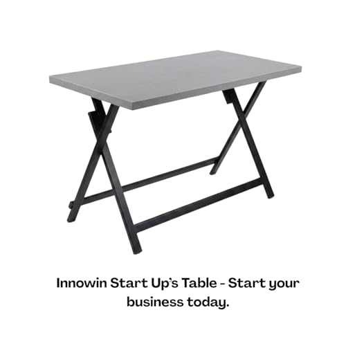 Image of INNOWIN Startup Table | Foldable Work Desk with Particle Board Top & Mild Steel Frame | Space Saving Study Table for Home, Office, Laptop Desk | Modern Black Frame & Grey Top