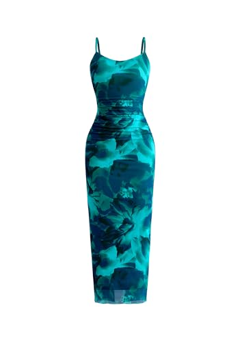 PRETTYGARDEN Summer Wedding Guest Dresses for Women 2025 Spaghetti Strap Mesh Bodycon Beach Floral Maxi Long Dresses
