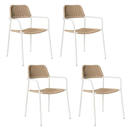 LOLAhome Pack de 4 Silla Deluxe Milos para jardín, Acero Blanco y Cuerda Trenzada Beige, 55x55x83 cm, Ergonómica y Apilable, Tratamiento Anticorrosión y Duraderas, Calidad y Diseño