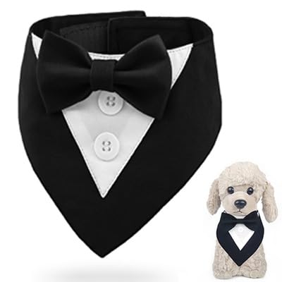 KOOLMOX Cat Tuxedo, Wedding Outfit, Tuxedo Bow Tie, Black Bandana Tux, Wedding Dress, Adjustable Formal Outfit for Small Medium Dogs (S, Black)