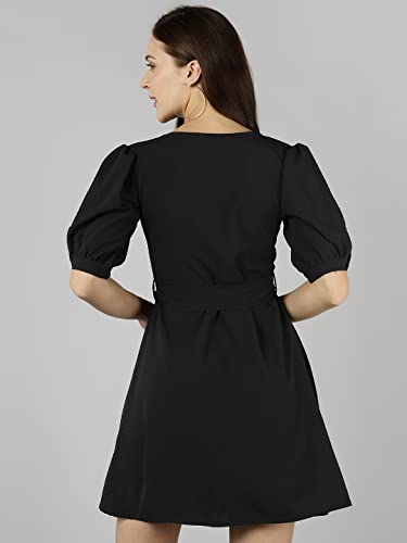 Image of SEREIN Women's Mini Dress (Solid Crepe Dress with Puff Sleeves, v-Neck & Waist Belt)