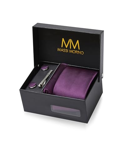 Massi Morino Cravate Homme Violet et mouchoirs de poche, boutons de manchette et Pinces à cravates | Coffret cadeau | Accessoires de Fete de Mariage