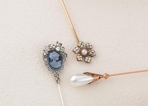 Image of Alilang Classic Vintage 3Pcs Hat Brooch Pin Set with Rhinestone and Pearl Accents for Scarves and Hats Lapel Pin Accessories