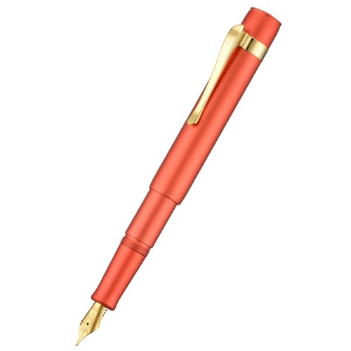 Image of Hongdian M2 Mini Fountain Pen with Extra Fine Soft Golden Nib, Sleek Shape Aluminium Short Pocket Travel Pen (Orange Red)