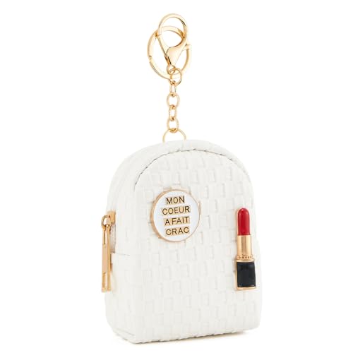 WOZEAH Mini Backpack Keychain for Women,Small PU Leather Coin Purse with Zipper for Key Card Lipstick Headset Cute Cosmetics Bag（G White）