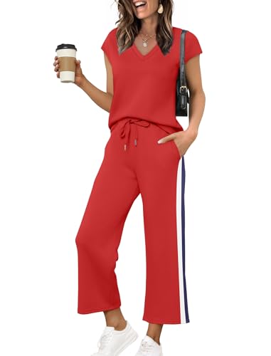 Image of Saloogoe Two Piece Sets for Women Summer Outfits Lounge Sets V Neck Tops Wide Leg Pants Woman Vacation Travel Outfits