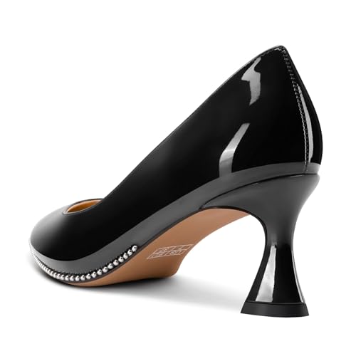 Image of TNYNFBEB Womens Mid Kitten Heel Pointed Toe Pumps Slip-on Silver Beaded Prom Party Dress Patent Leather 2.6 Inches Heels