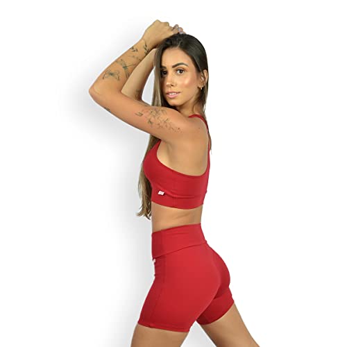Conjunto Fitness Feminino Poliamida Suplex Top Sem Bojo E Shorts Curto Cor:Vermelho;Tamanho:M