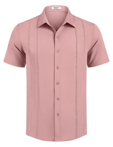 Image of COOFANDY Mens Cuban Guayabera Shirt Short Sleeve Button Down Shirts Summer Beach Vacation Shirts
