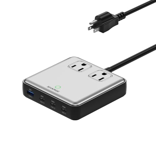 SHARGE 6-in-1 Charging Station 100W GaN Power Strip PD Desk Charger With 5 ft Cord, 2 AC, 3 USB-C, 1 USB-A Port for Home Office Travel