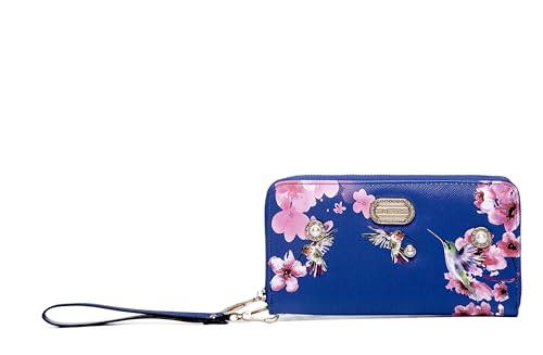 Royal Bloom Women's Zippered Wallet, Designer Wristlet with Floral Print and Crystal Embellishments (Royal Blue)
