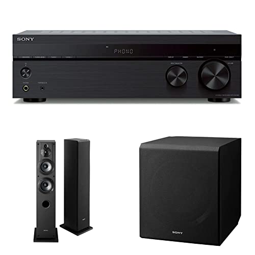 Sony STRDH190 2-ch Home Stereo Receiver with Phono Inputs & Bluetooth Black & SSCS3 3-Way Floor-Standing Speaker (Single) - Black & SACS9 10-Inch Active Subwoofer,Black