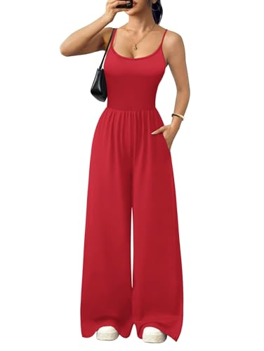 Ekouaer Jumpsuits for Women Dressy Summer Outfits Casual Tummy Control Sleeveless Rompers Wide Leg Pants 2026 Red