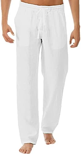 LVCBL Cotton Linen Pants Men's Beach Pants for Men Mens Elastic Waist Linen Pants White L