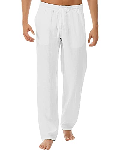 Lvcbl Cotton Linen Pants Men's Beach Pants For Men Mens Elastic Waist Linen Pants White L #TOP1
