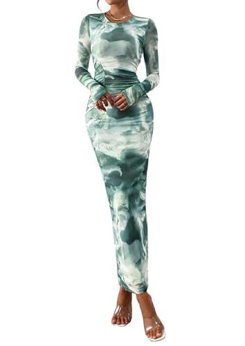 PRETTYGARDEN Fall Wedding Guest Dresses for Women 2025 Long Sleeve Ruched Sexy Bodycon Floral Mesh Cocktail Party Maxi Dress