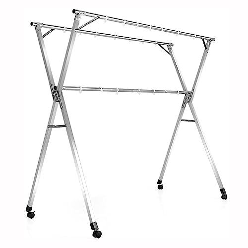 Tendedero plegable con ruedas, tendedero plegable con 20 ganchos resistentes al viento para uso en interiores y exteriores, colgador de ropa rodante