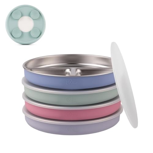 Elk and Friends Kids Stainless Steel Divided Plates with Silicone Suction Sleeves + Lid | Suitable for Babies/Toddlers | Dishwasher Safe | Stay Put Dinnerware | Snack Dishes | 4 Pack
