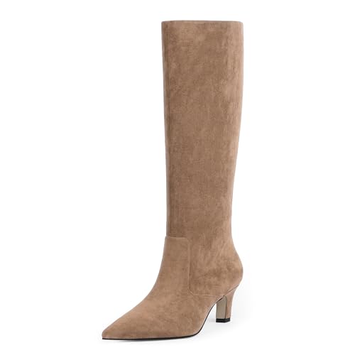Easyfox Tan Suede Knee High Boots for Women 2025 Fall Faux Leather Tall Boots Pointed Toe Kitten Low Heel Long Boots Size 8.5