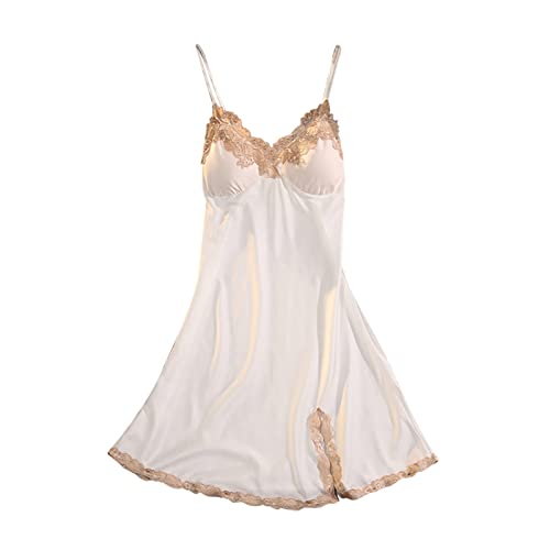 Nachtkleid Damen Satin Kurz Ice Seiden Spaghetti Träger Kleid Spitze Spleißen Babydoll Nachtwäsche Sexy Elegant Nachthemden Slim Fit Trägerkleid...