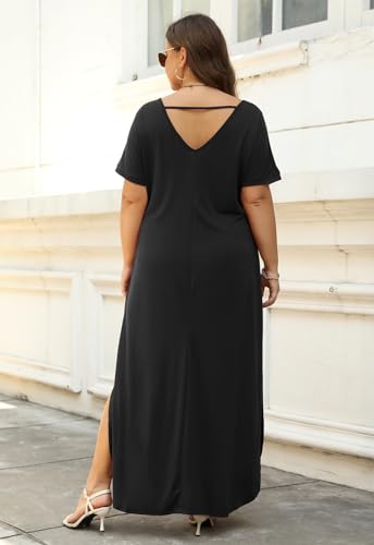 Nemidor Plus Size Maxi Dresses for Curvy Women Casual Summer Slit Loose Short Sleeve Long Dress with Pocket 14-263