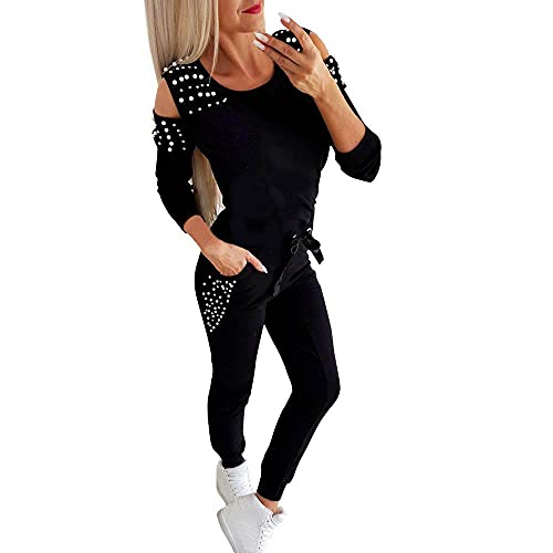 Minetom Femmes 2 Pièce Survêtement Combinaison Perlé Sweats à Capuche Sweatshirts + Pantalon Joggers Ensemble de Sport Suit Noir 44