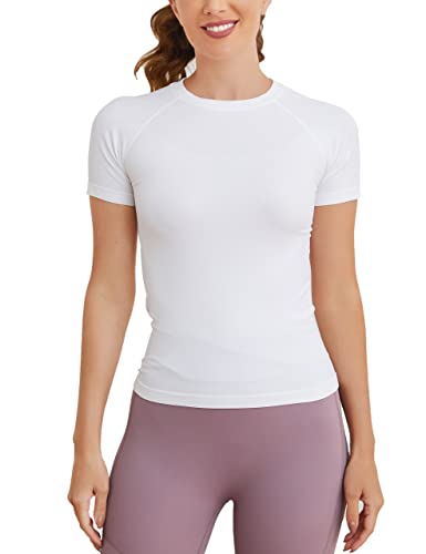 Image of MathCat Short Sleeve Workout Tops for Women, Seamless Women's Compression Shirt, Yoga Running Athletic Shirts Soft Gym Tops