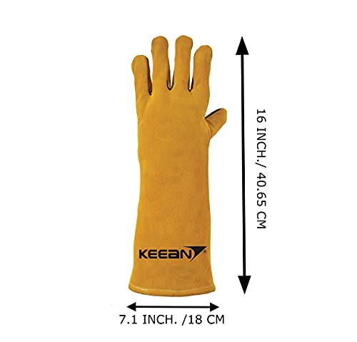 Keean MIG/ARC/TIG Welding 16 Inch Gloves with Extra Padded leather High Temperature Hot Thermal Work Safety Heavy Duty Heat&Fire Resistant at 500°C Leather Cut Proof Gaunlets with Kevlar Stitching.