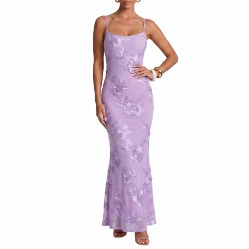 Curvphilo Women's 3D Embroidery Satin Floral Mesh Bodycon Maxi Dress - image 1