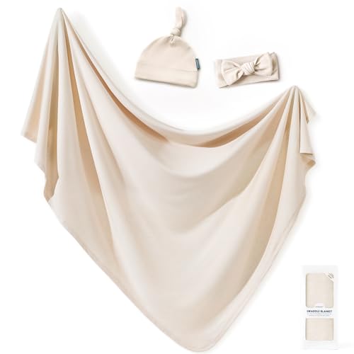 Image of GRSSDER Newborn Swaddle Blanket, Ultra Soft Jersey Receiving Blanket with Matching Headband and Beanie Set 33×44", Stretchy Baby Neutral Swaddle Wrap for Girls and Boys
