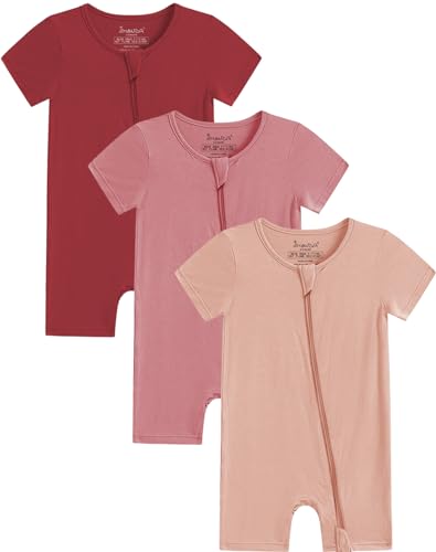 Jimonda Boys Baby Girls Short Sleeve Romper Unisex Baby Footless Pajamas With Viscose 2-Way Zipper Front 3Pcs0-24Months
