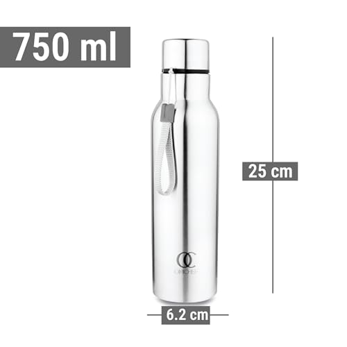 Image of Omichef Stainless Steel Sports Water Bottle, 750 ml Water Bottles, Single Walled, Leak-Proof, Rust-free, Easy Grip, Easy to Carry, Travel Bottle, Silver (Pack Of 2)