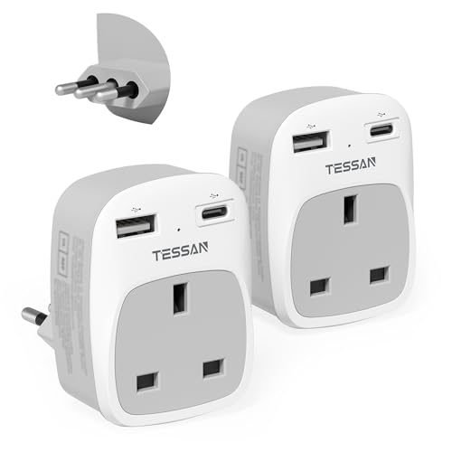 TESSAN UK to Italy Plug Adapter Type L Travel Plug Adapter with USB C