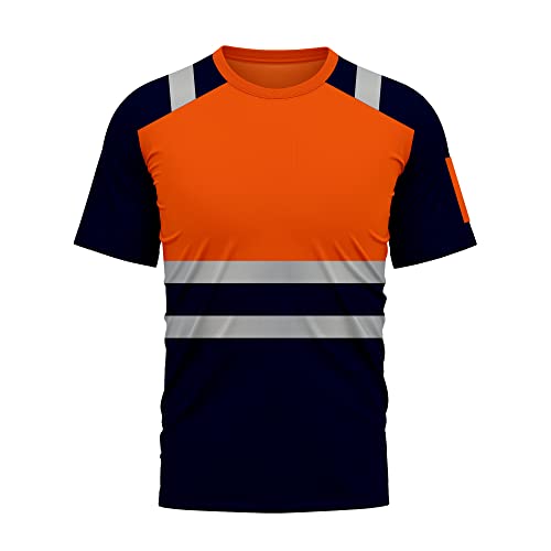mymixtrendz Hi Viz Vis High Visibility Dri Fit Short Sleeves T Shirts Reflective Tape Safety Hi Vis Round Crew Neck Security Work Breathable Workwear Tops Orange Navy