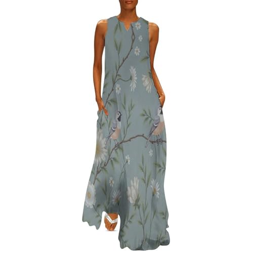 Robe élégante sans manches imprimé fleurs naturelles et oiseaux