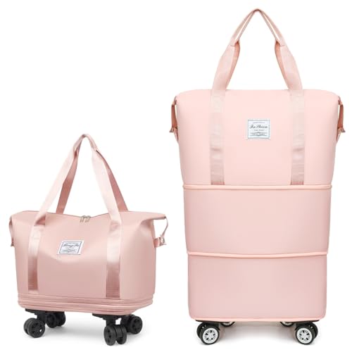 Kulken Travel Bag with Wheels, Kulken Travel Bag with Removable Wheels, 2025 New Large Capacity, Foldie Expandable - Lightweight Carry (Pink)